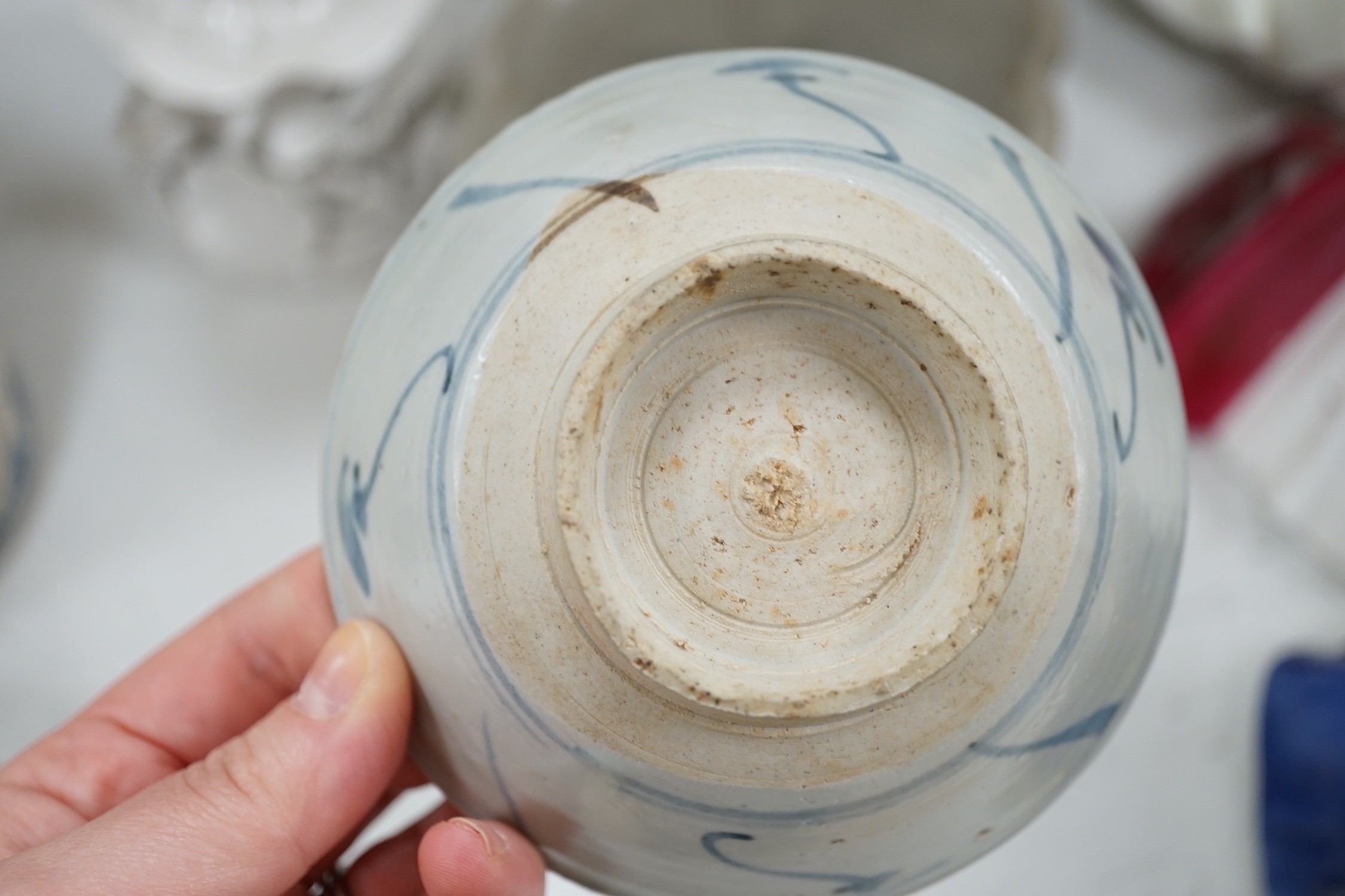 A group of Chinese and studio ceramic vases and bowls, to include a figure of Guangyin, 37.5cm tall